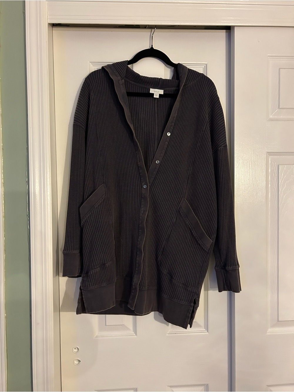 J. Jill Charcoal Waffle-Knit Hooded Snap Jacket